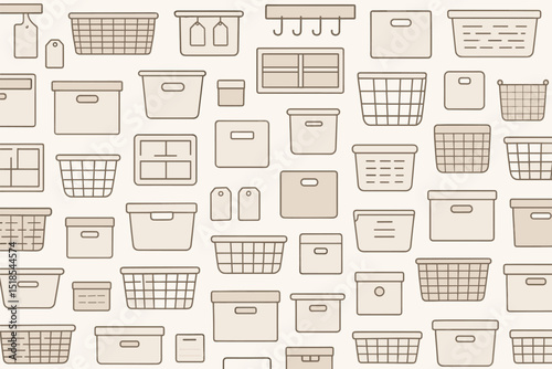 Various storage containers and baskets arranged in a grid pattern on a light background