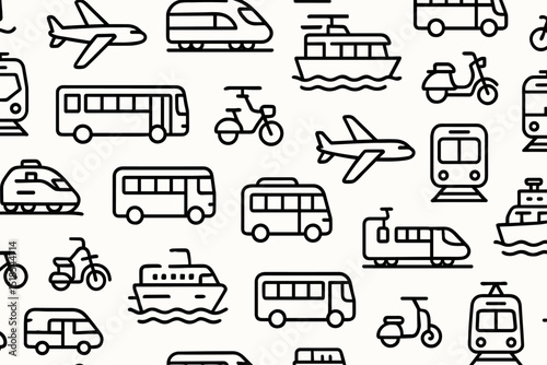 Variety of transportation modes displayed including buses, trains, boats, and bicycles in a modern graphic design