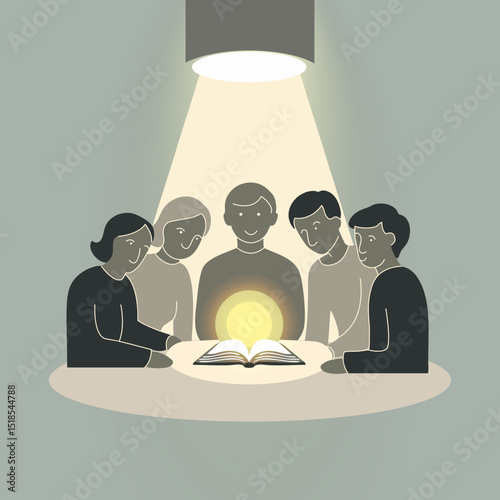 Abstract scene with people and a book and the light from it personifying knowledge. Silhouettes of students in a minimalistic style