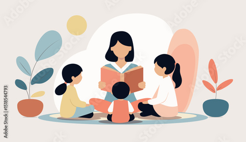 Flat illustration of a female teacher reading a book to children. Cozy and bright playroom