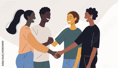 Flat illustration of people with different skin colors. Men and women shake hands. African Americans. Happy friends.