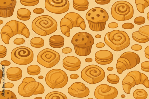 Decorative background featuring various baked goods and pastries in warm tones reflecting a delightful bakery ambiance
