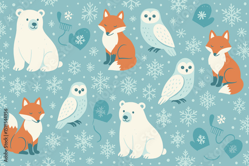Winter wildlife design featuring polar bears, foxes, and owls against a snowy backdrop