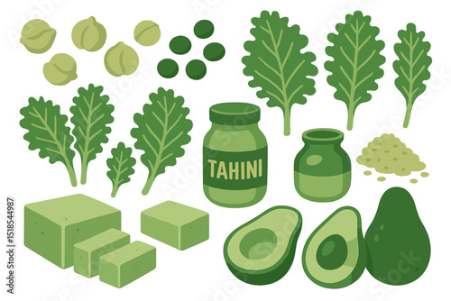 Fresh green ingredients for healthy recipes including kale, tahini, and avocado on a light background