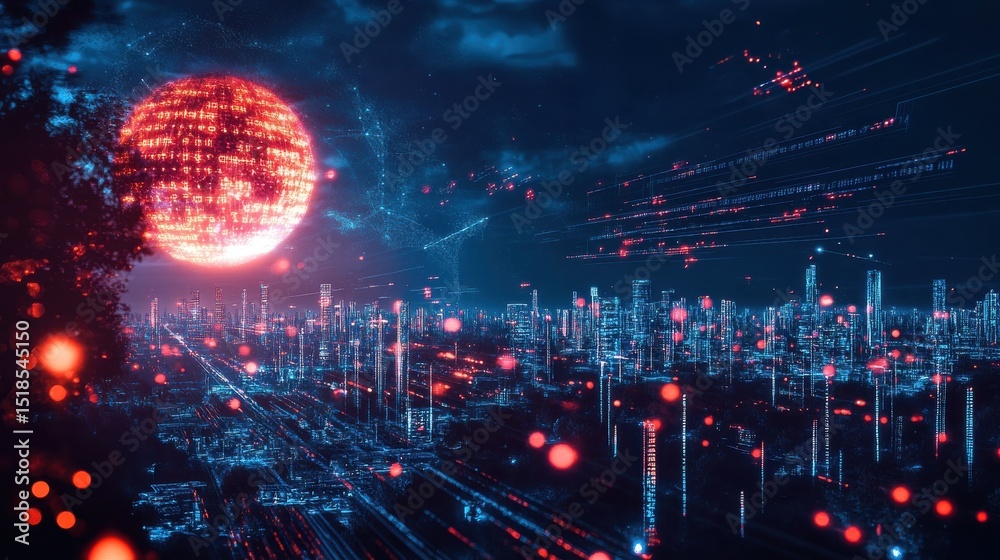 Obraz premium Cyber warfare attack in progress with glowing data streams in a digital landscape at nighttime