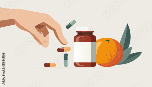 The scene with the hand reaching for the vitamins and orange. Pills. Flat wellness illustration