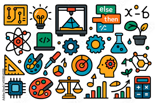 Colorful collection of creative technology and science icons showcasing innovation and learning in various fields