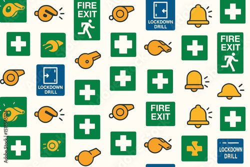 Colorful safety signs featuring fire exit, lockdown drill, and first aid symbols in a well-organized pattern