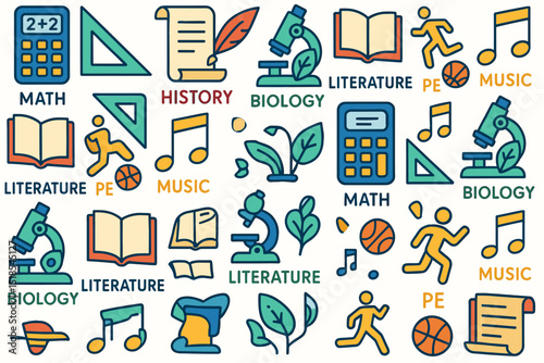 Educational icons representing various subjects in a colorful layout with a playful design suitable for students and teachers