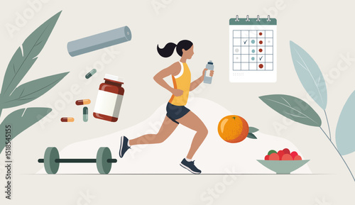 Flat wellness scene reminding the importance of check-up of the body. Medical calendar, sport activities, vitamins