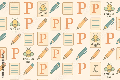 Colorful pattern featuring bees, pencils, and spelling bee elements in a playful design ideal for educational materials