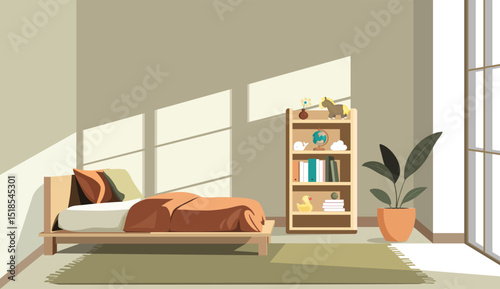 Illustration of a minimalist children's room interior with soft natural light. Flat design, muted colors, terracotta, olive.