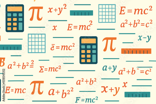Mathematics and physics symbols create a vibrant, educational background design with calculators and equations