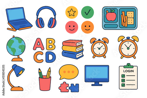 Colorful education and workspace icons representing learning, technology, and organization in a vibrant style