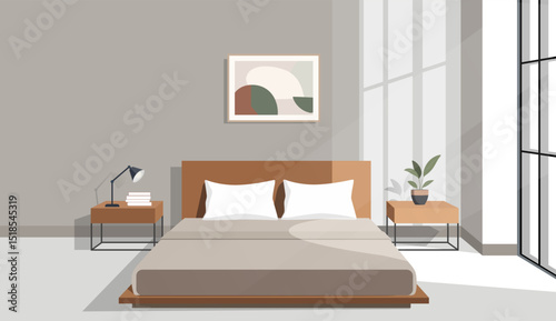 A simple illustration of a minimalist bedroom. A bed with plain bedding and two pillows. Soft light, flat design, beige colors