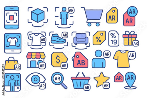 Colorful collection of augmented reality icons and symbols illustrating online shopping experiences and promotions