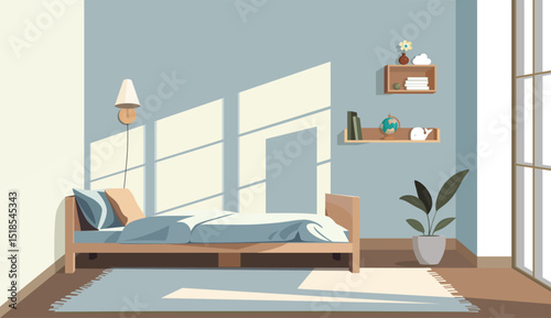 Illustration of a minimalist children's room interior with soft natural light. Flat design, muted blue colors.