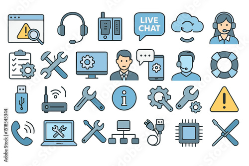 Collection of technology service icons representing customer support and IT assistance in a modern workspace