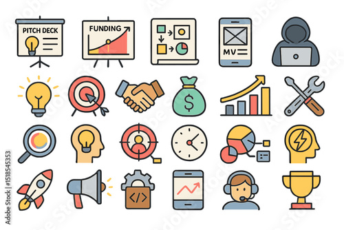 Illustration of various business and finance icons representing concepts like funding, strategy, and growth