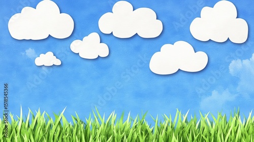 Rolling green hills lie under a bright sky filled with clouds