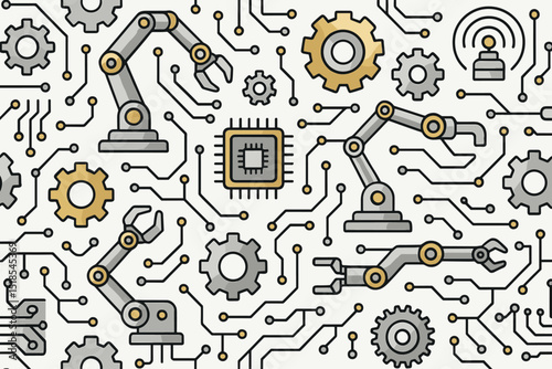 Complex design featuring robotic arms, gears, and circuit patterns showcasing advanced technology concepts