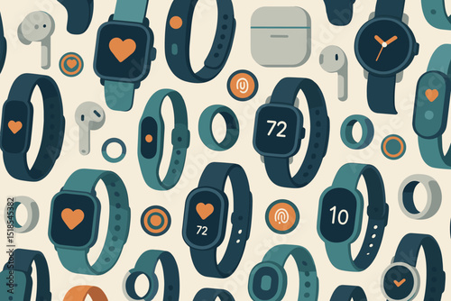 Smart devices and wearable technology arranged in a colorful pattern on a light background