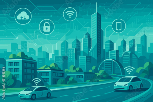 Futuristic urban landscape showcasing smart city technologies and connected vehicles in a modern city environment