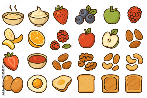 Healthy food icons featuring fruits, nuts, and breakfast items ideal for nutrition education and meal planning