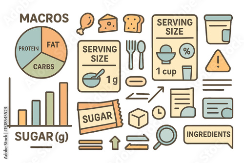 Nutrition infographic illustrating macronutrients, serving sizes, and sugar content for healthy eating choices