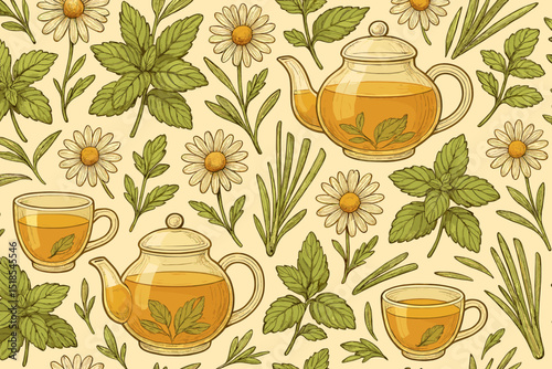 Floral pattern featuring teapots and cups with herbal tea and daisies on a pastel background