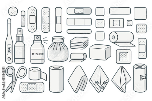 Collection of medical supplies including band-aids, antiseptic, gauze, and scissors arranged on a white background