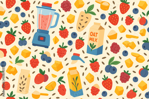 Colorful pattern featuring fruits, a blender, and oat milk on a cream background, perfect for kitchen decor or food-related designs