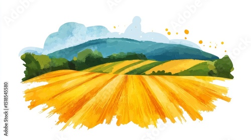 Rolling hills of gold and green create a peaceful landscape reminiscent of a watercolor painting