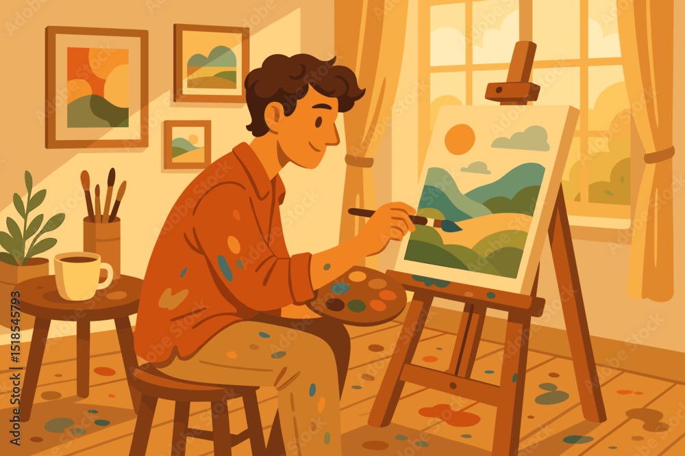 Fototapeta premium Artist creating a colorful landscape in a sunlit studio filled with plants and paintings in the background