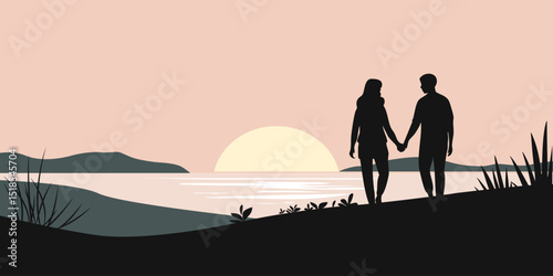 Silhouettes of a romantic couple at sunset. Background with loving couple holding hands. Tourism scene in a flat style.