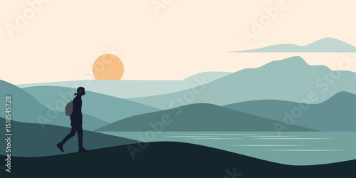 Silhouette of a tourist at sunset. Scene in a flat style. Beautiful mountains. Young man came to relax on the lake.