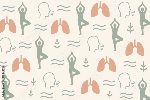 Relaxing yoga patterns featuring figures, lungs, and nature elements in muted colors on a light background