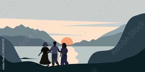 Happy girlfriends at sunset. Tourist scene in a flat style. Beautiful mountains. Girls came to relax on the lake.