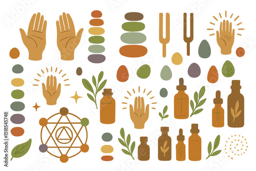 Artwork featuring hands, nature elements, and potion bottles depicting herbal healing at a wellness studio
