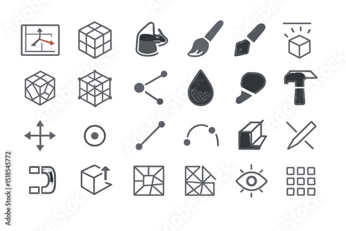 Symbols and icons representing design tools and concepts in a modern visual format for artistic and engineering applications