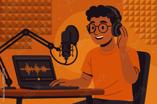 Young person creating a podcast in a home studio during the daytime with vibrant orange colors