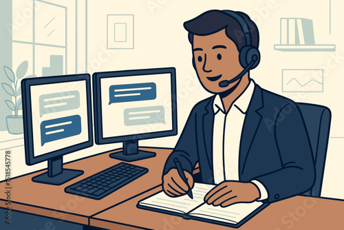 Professional working from home with headsets and dual monitors at a well-organized desk during daytime