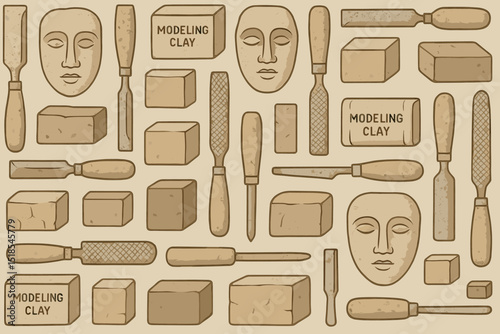 Clay modeling tools and materials arranged on a textured background for artistic creation and sculpture