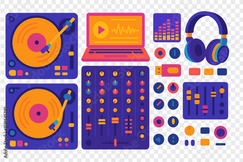 Colorful audio equipment setup with turntables, laptop, and headphones for music mixing and production