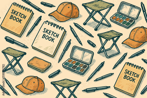 Creative workspace featuring sketchbooks, art supplies, and outdoor gear for artists
