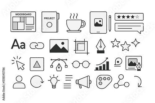Designing a creative workspace with various icons representing project management and artistic elements for inspiration