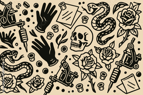 Tattoo art design featuring skulls, snakes, roses, and equipment for tattooing