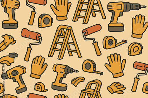 Colorful arrangement of construction tools and safety gear on a light background