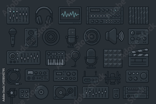 Explore various audio equipment and musical instruments arranged on a dark background in a creative display