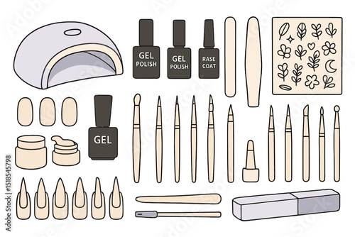 Gel nail art tools and supplies arranged neatly on a tabletop for creating stylish manicures
